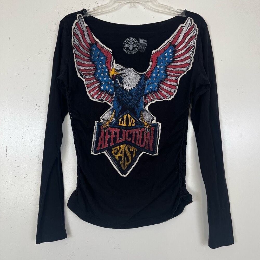 Affliction Eagle English Cross Long Sleeve T Shirt Small Black Distressed Y2K